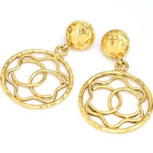 CHANEL CC Logos Round Drop Dangle Clip-On Earrings Gold Tone #26792